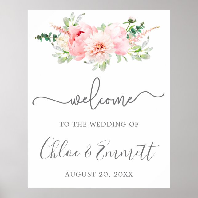 Póster Signo de bienvenida rustico de Boda floral de peon (Frente)