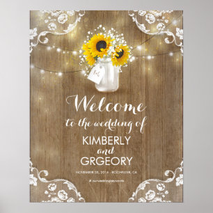 Póster Signo de bienvenida rustico de Mason Jar y girasol