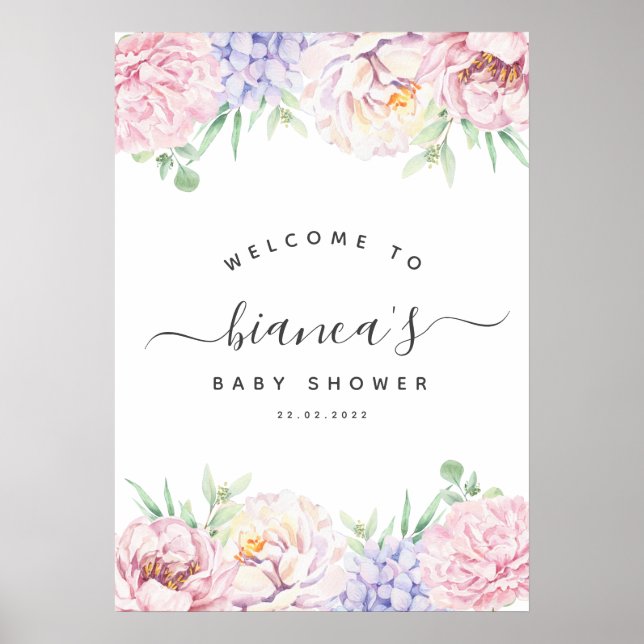 Póster Signo de bienvenida suave para Baby Shower con flo (Frente)