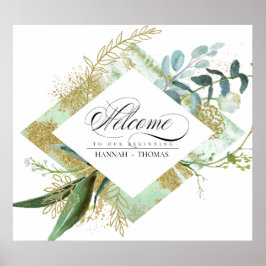 Póster Signo de bienvenida verde Boda botánico