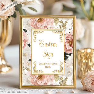 Póster Signo de boda de oro de flores rosadas polvorienta