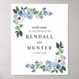 Póster Signo de boda floral azul y verde
