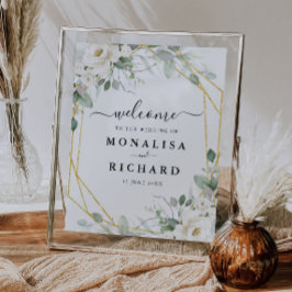 Póster signo de boda floral geométrico dorado blanco