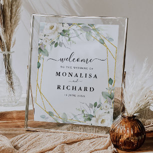 Póster signo de boda floral geométrico dorado blanco