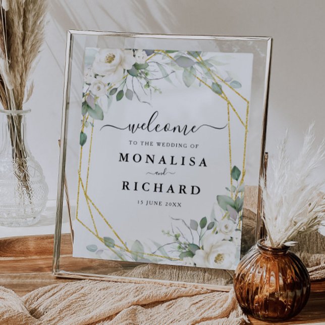 Póster signo de boda floral geométrico dorado blanco (Subido por el creador)