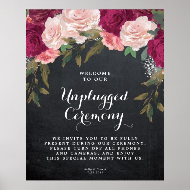 Póster signo de ceremonia boda desenchufado burgundy flor (Frente)