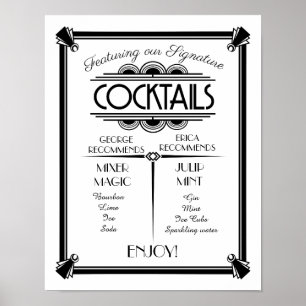 Póster Signo de cóctel Art Deco, firma, signo de barra