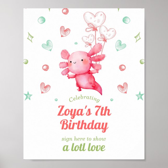 Póster Signo de cumpleaños de Cute Watercolor rosa Axolot (Frente)