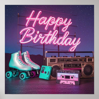 Póster Signo de cumpleaños feliz de neón retro en rosa y 