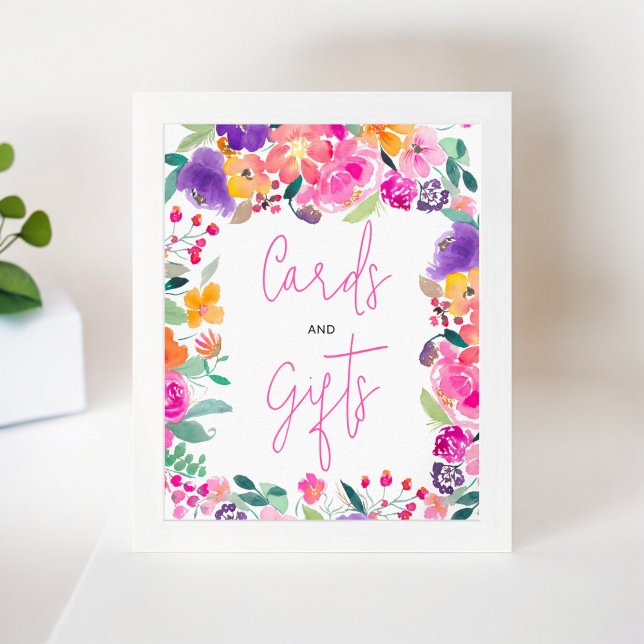 Póster Signo de ducha de novia floral rosa negrita (Bold pink floral watercolor bridal shower sign)