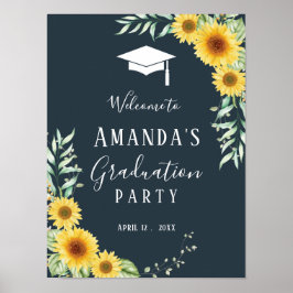 Póster Signo de fiesta de graduación girasoles azul marin
