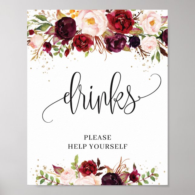 Póster Signo de gaseosas de oro floral de marsala ruidosa (Frente)