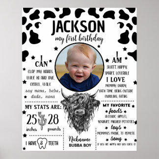 Póster Signo de hito del primer cumpleaños de la vaca de