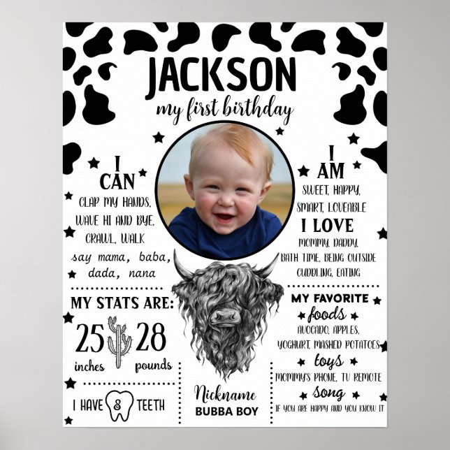 Póster Signo de hito del primer cumpleaños de la vaca de  (Frente)