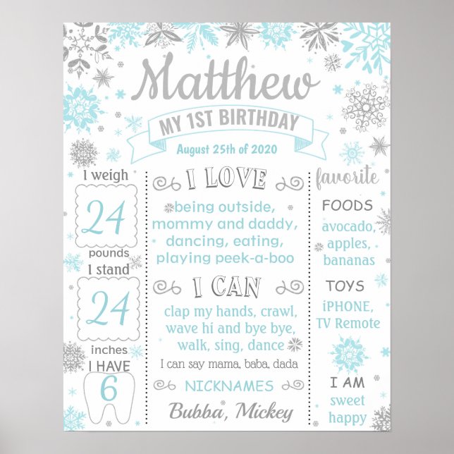 Póster Signo de hito del primer cumpleaños de Winter Onde (Frente)