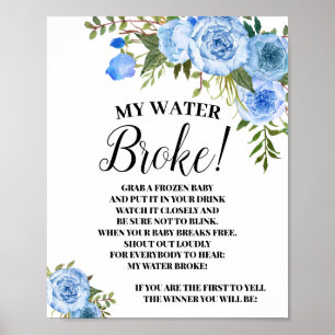 Póster signo de juego de Baby Shower Blue My Water Broke