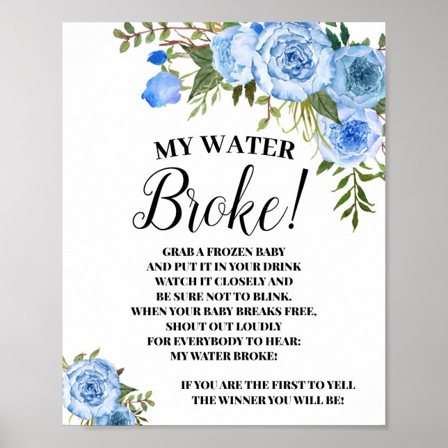 Póster signo de juego de Baby Shower Blue My Water Broke (Frente)