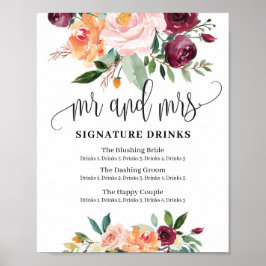 Póster Signo de las bebidas con firma de mr y mrs floral