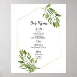 Póster Signo de menú BAR | boda botánico verde y dorado