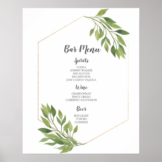 Póster Signo de menú BAR | boda botánico verde y dorado (Frente)