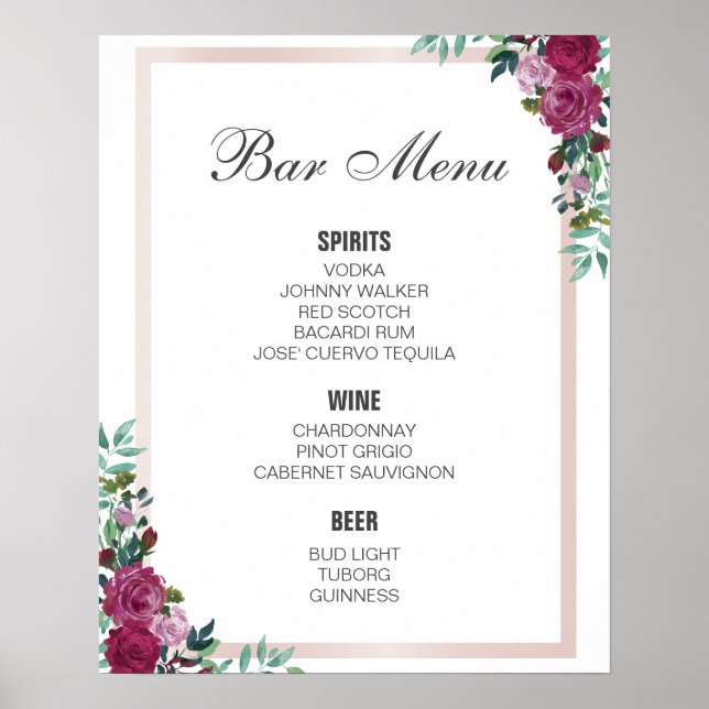 Póster Signo de menú BAR | floral burdeos | barra boda (Frente)