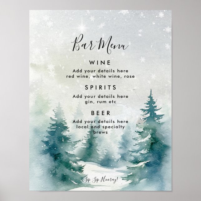 Póster signo de menú de barra de boda de invierno (Frente)