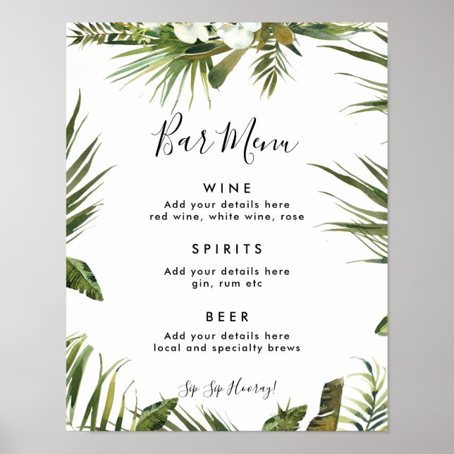 Póster signo de menú de barras bodas de hojas tropicales (Frente)