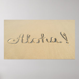 Póster Signo de palabra Aloha en la arena de la playa