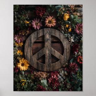 Póster Signo de paz rústico de madera con flores silvestr