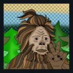 Póster Signo de paz Sasquatch<br><div class="desc">Dibujo a mano de arte pop retro Sasquatch o Bigfoot haciendo un signo de paz.</div>
