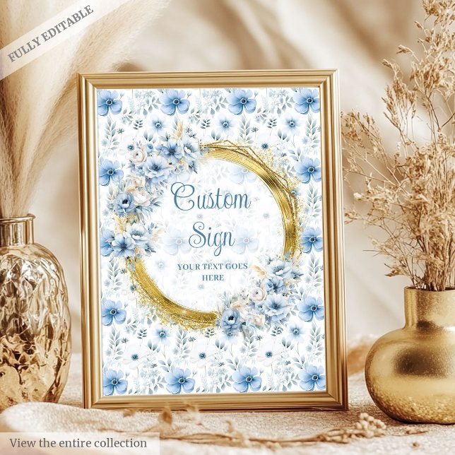Póster Signo de personalizado de bebé de flores azul past (Classic pastel blue flowers gold baby custom sign)