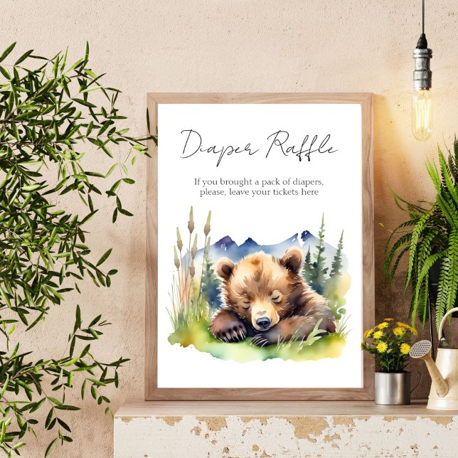 Póster Signo de rifa de pañales para la ducha de bebé (Bearly wait bear baby shower diaper raffle sign baby shower signs)