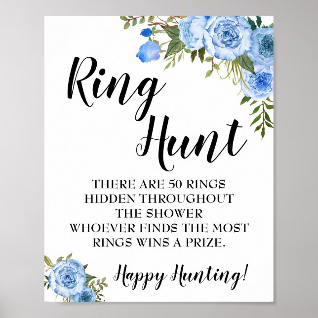 Póster Signo de Ring Hunt Game Bridal Shower Flores azule (Frente)