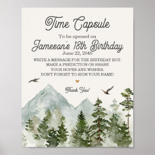 Póster signo del fiesta de la cápsula de tiempo de bosque