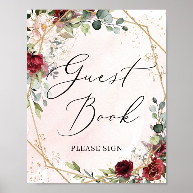 Póster Signo del libro de oro de flores de burdeos rojo m (Frente)