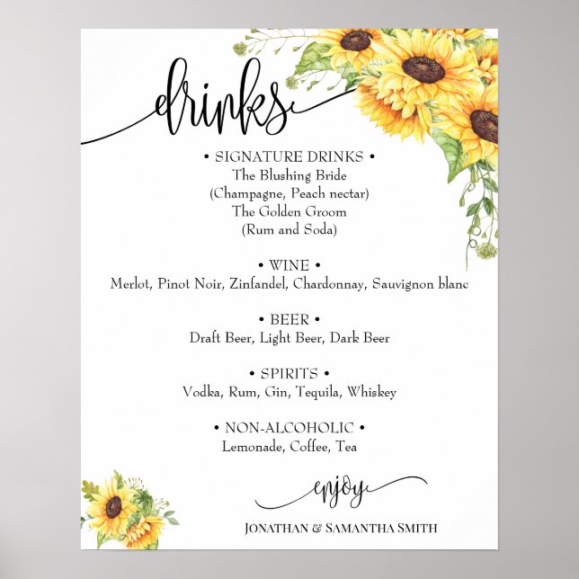 Póster Signo del menú de bebidas boda girasol floral boho (Frente)