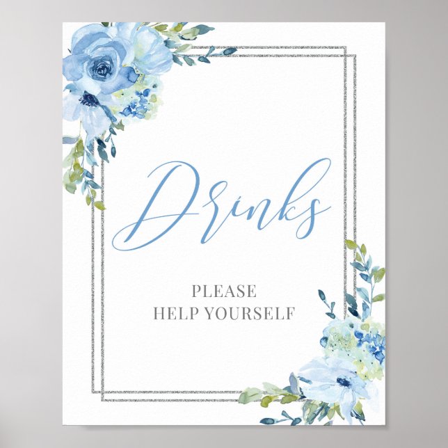 Póster Signo moderno de caligrafía azul floral de bebidas (Frente)