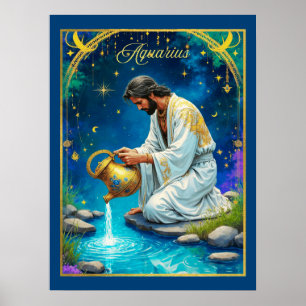 Póster Signo zodiacal de Acuario bajo un cielo estrellado