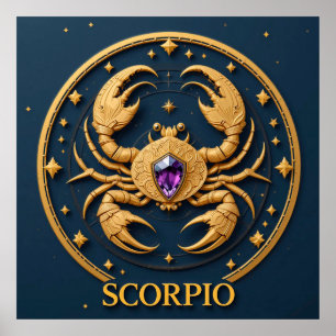 Póster Signo zodiacal Escorpio dorado con joya