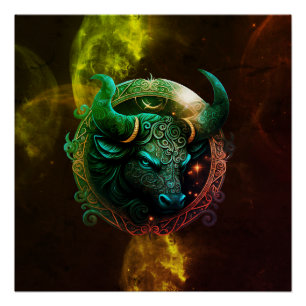 Póster signo zodiacal tauro azul en galaxia de colores có