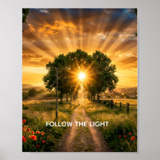 Póster SIGUE LA LUZ - Poste Árbol Puesta de sol Inspirado