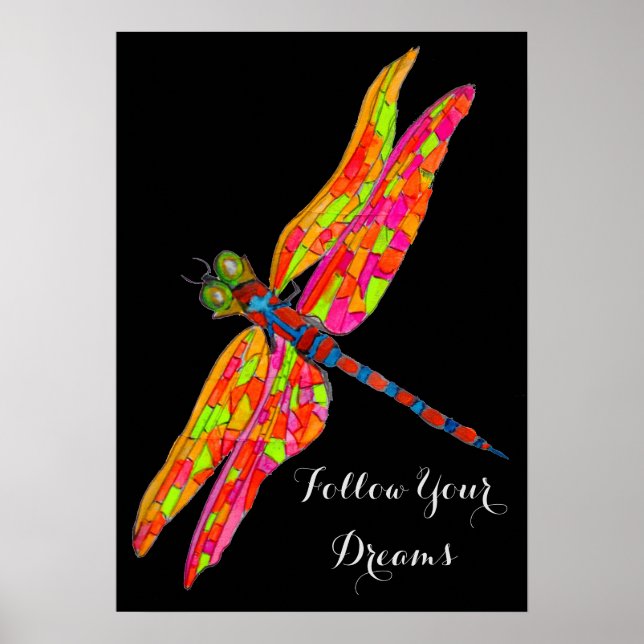 Póster Sigue tu lema de sueños Dragonfly acuarela (Frente)