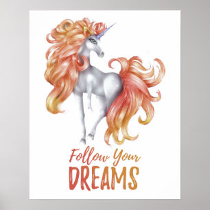 Póster Sigue tus sueños - Naranja y unicornio blanco