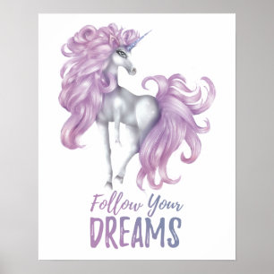 Póster Sigue tus sueños - Unicornio púrpura y blanco