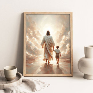 Póster Siguiéndolo, Pintura Cristiana, Jesús y Niño