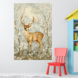 Póster sika deer in a spring forest, surrounded by flower