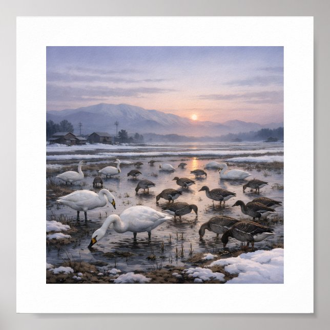 Póster Silent Waters – Swans and Geese in a Winter Field (Frente)