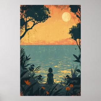 Póster Silhouette Chica de época bajo el Poster de la lun