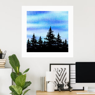 Póster Silhouette de acuarela azul violeta cielo y árbole
