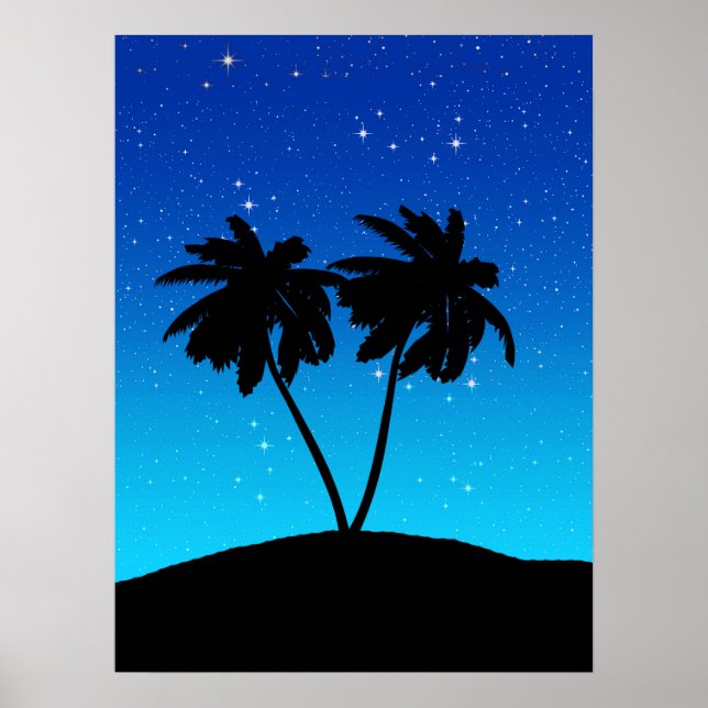Póster Silhouette de árbol de palmas en la noche azul con (Frente)